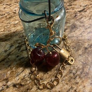 3 Piece LV Lock & Key with Cherry Bag Charm & Gold Necklace